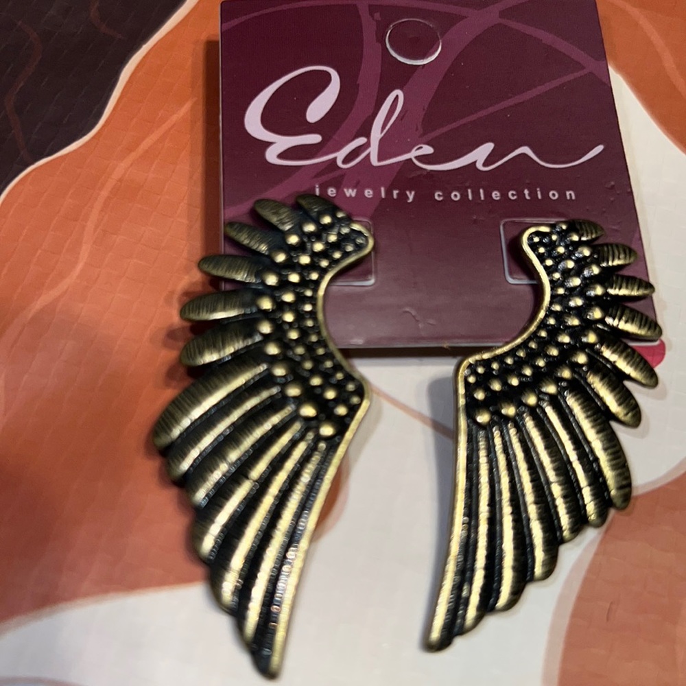New Eden 2” Angel Wing Earrings in Textured Antiqued Brass Tone Metal